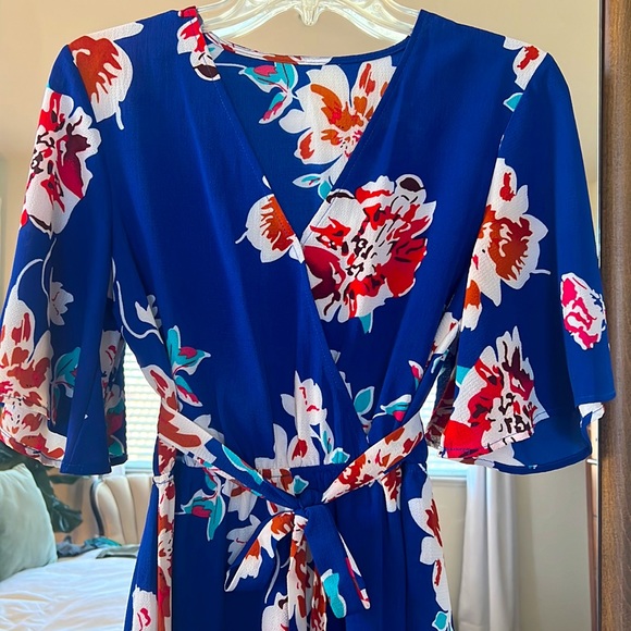 Blue with Red Orange Hawaiian Floral Print Romper Jumpsuit - Picture 3 of 3